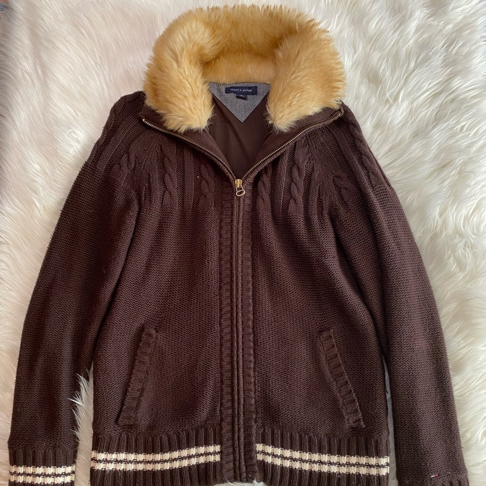 Tommy Hilfiger Cable knit zip up sweater w/ fur